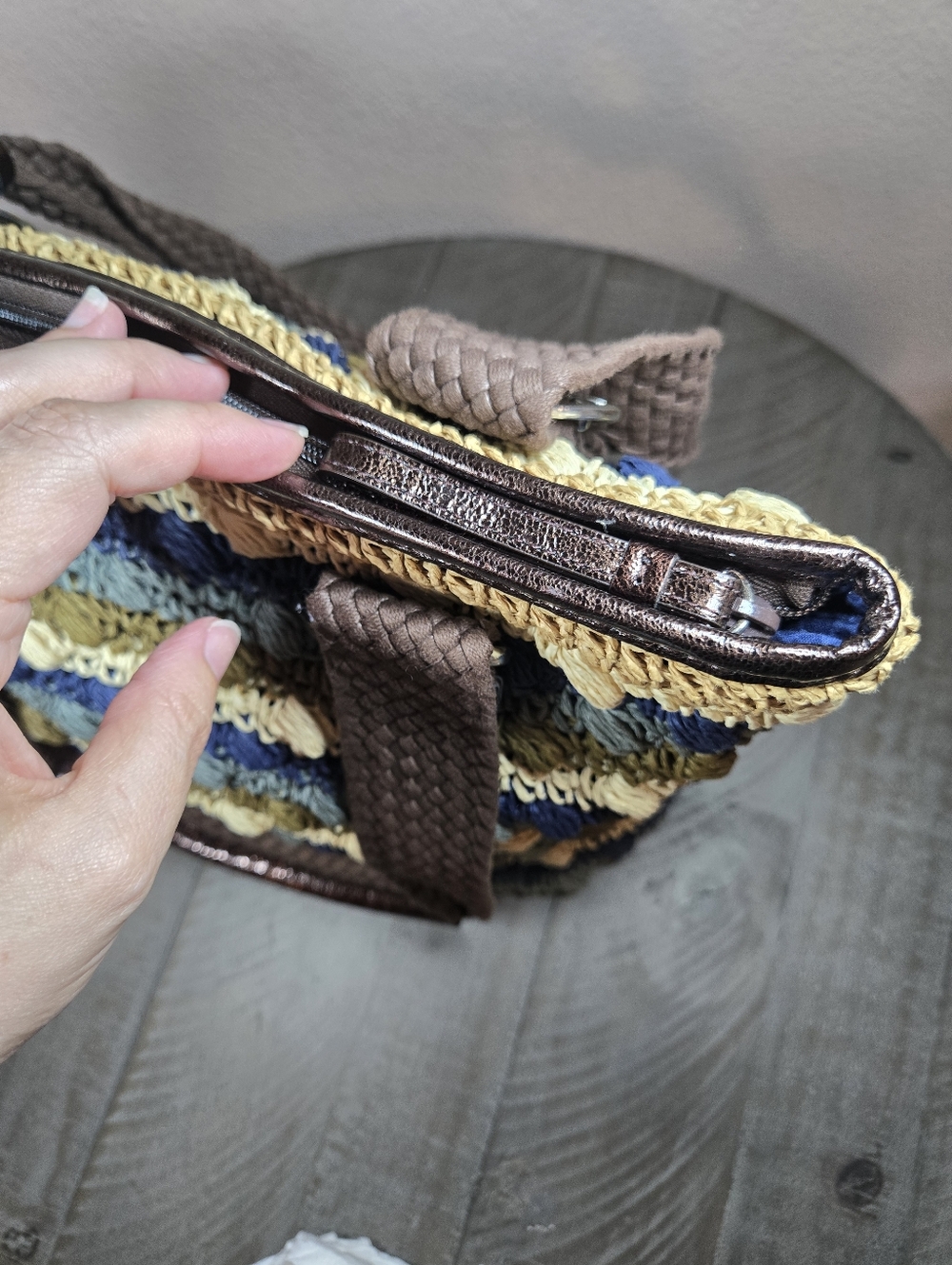 Brighton Woven Striped Crochet Tote Bag in Blue, Green & Cream - Picture 10 of 14
